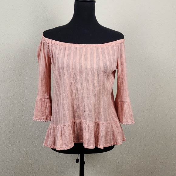 Jolt Off The Shoulder 3/4 Sleeves With Pom Pom Trim Light Pink Top Size Medium - Picture 1 of 9